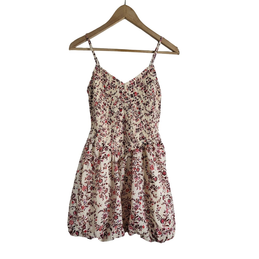 American Eagle Floral Smocked Bubble Hem Mini Dress Cream Red XS Coquette